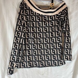 Black‎ Cream Geometric Greek Key Asymmetrical Chain Shoulder Long Sleeve Top